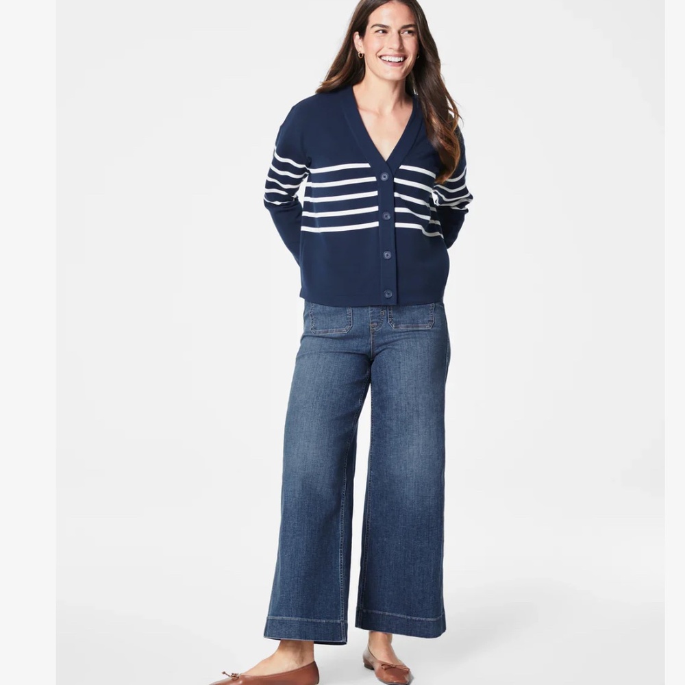 SPANX AirEssentials Striped Cardigan Navy Button V  Nwt sz S Petite